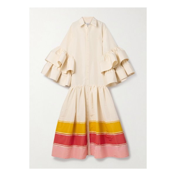 크리스토퍼 존 로저스 러플 새틴 트리밍 스트라이프 실크 파유 가운 뉴트럴 1647597335743104