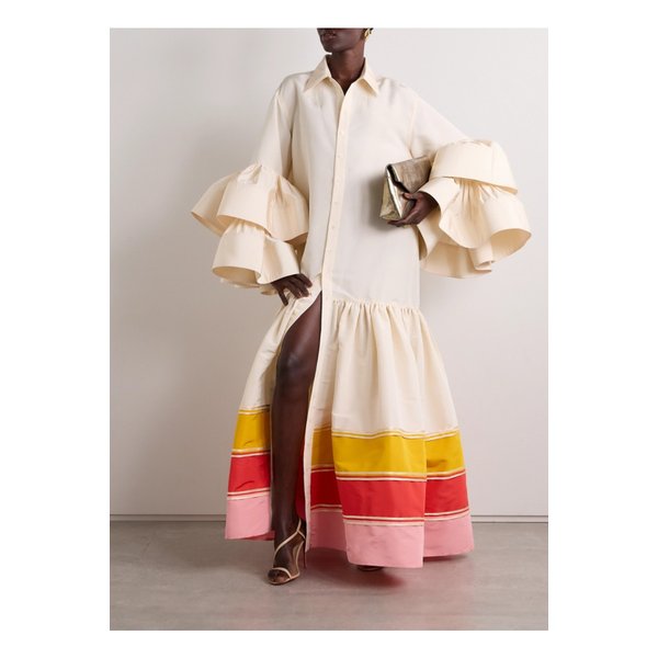 크리스토퍼 존 로저스 러플 새틴 트리밍 스트라이프 실크 파유 가운 뉴트럴 1647597335743104