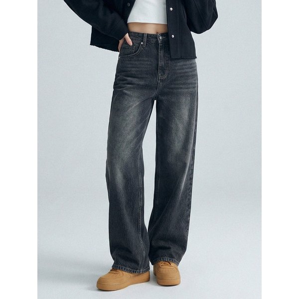 Vintage fade wide washed denim pants Black