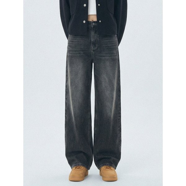 Vintage fade wide washed denim pants Black