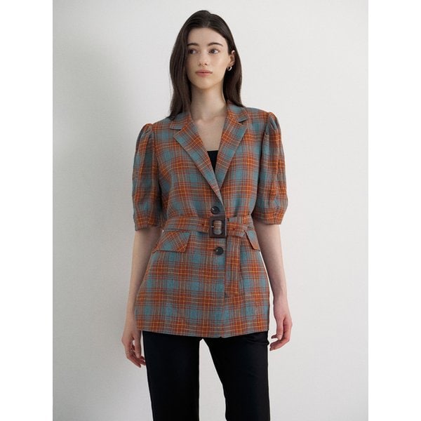 Linen check puff sleeve jacket [belt set]