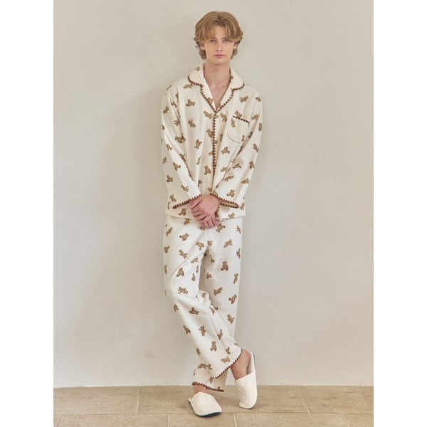 남성 베어멜로우 양털 긴소매 투피스 카라 수면잠옷