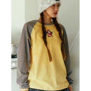 Heart Print Raglan Ringer T-shirt (Grey/Yellow)