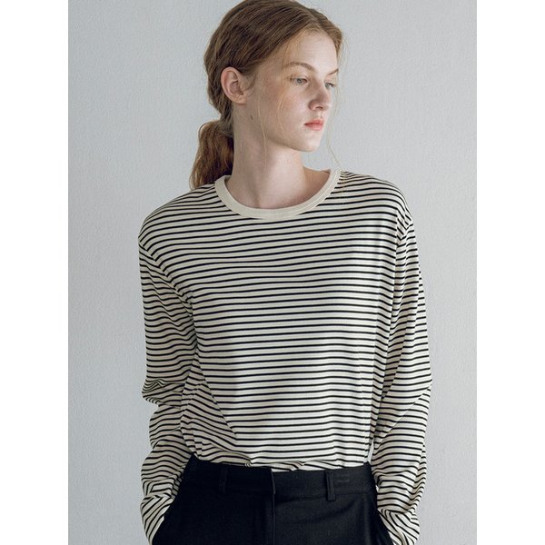 A3546 스트라이프 라운드 티셔츠_Black