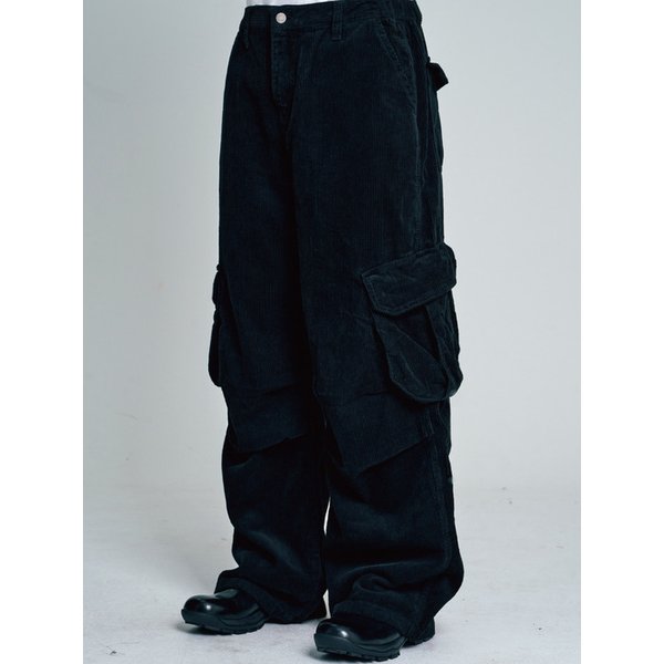 Corduroy Parachute Cargo Half-Banding Pants_Black