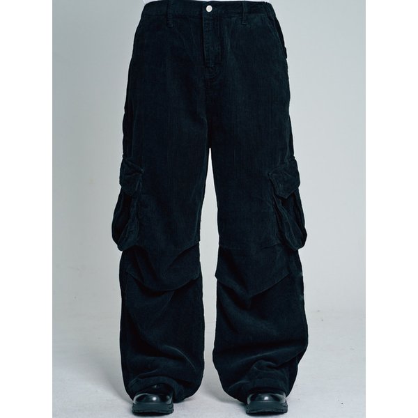 Corduroy Parachute Cargo Half-Banding Pants_Black