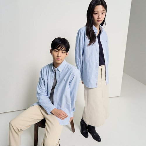 [Essential] 남녀공용 옥스퍼드 스트라이프 셔츠 - 스카이 블루 (BC6164E01Q)