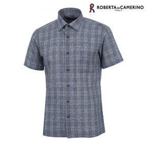린넨 체크 일반핏 블루그레이 반소매 셔츠 RM2-202-2