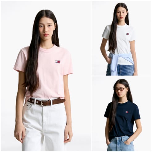 타미진스 여성 레귤러 배지 티셔츠 T32F1TTO17TWT1 TOMMY JEANS