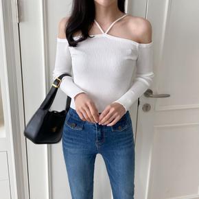 여자 홀터네크 포인트 스트랩 볼드숄더 긴팔티_2