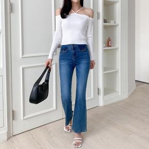여자 홀터네크 포인트 스트랩 볼드숄더 긴팔티_2