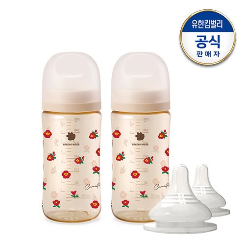 그린핑거 베베그로우 PPSU 동백 디자인트윈팩 280ml(노꼭지)+젖꼭지 2P