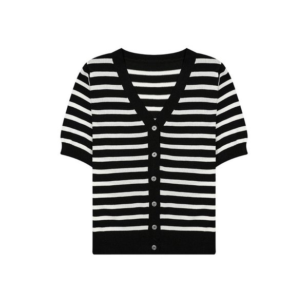 모던 V넥 스트라이프 반팔 가디건 (VMCCE2945)