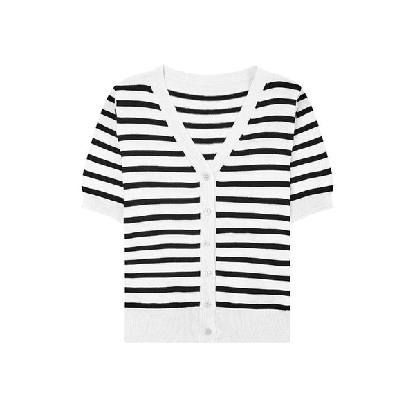 모던 V넥 스트라이프 반팔 가디건 (VMCCE2945)