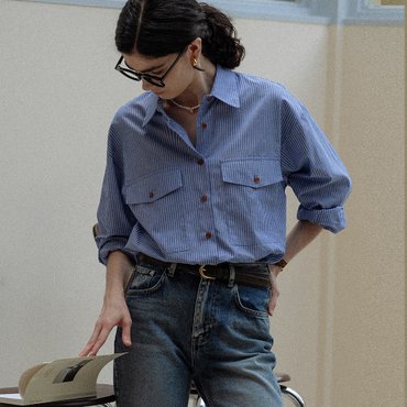 틸아이다이 Stripe two pocket over shirt_Blue