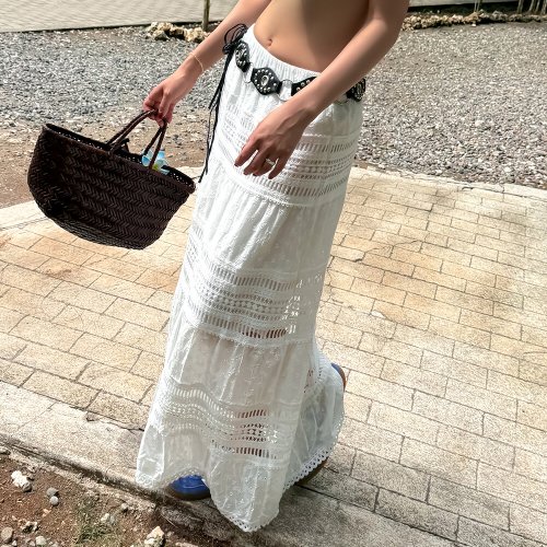 비치팜 / 밴딩 뜨개 에스닉 치카 레이스 캉캉 스커트