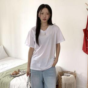 여자 V넥 면원단 무지컬러 반소매 티셔츠