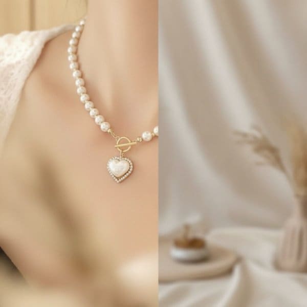 [옷자락] 여성 로맨틱 하트 진주 목걸이 데이트용