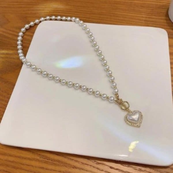 [옷자락] 여성 로맨틱 하트 진주 목걸이 데이트용