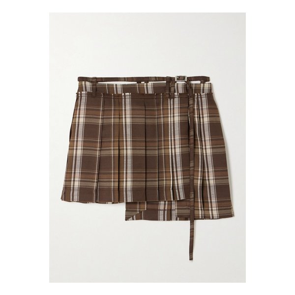 벨트 비대칭 플리츠 체크 울 혼방 미니 스커트 브라운 1647597345136408