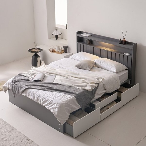 [보루네오]호텔라인 KC812 서랍장 조명침대 SS (매트별도)