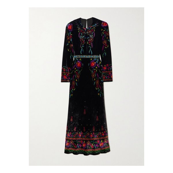 살로니 클라우디아 트위스트 장식 프린트 벨벳 미디 드레스 블랙 46376663162908493