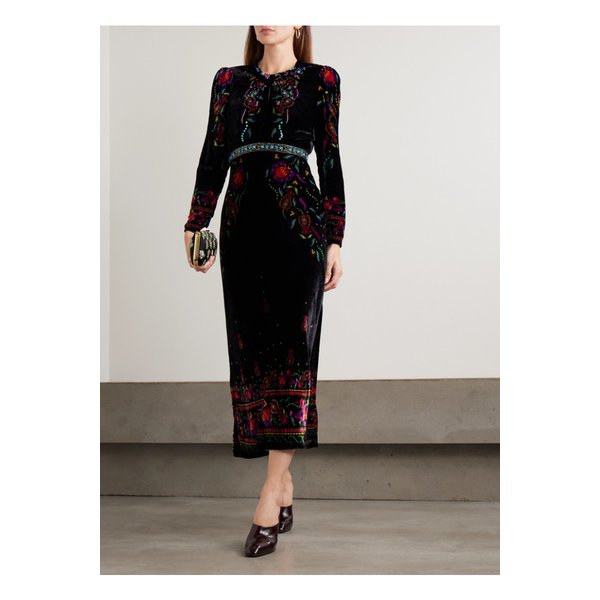 살로니 클라우디아 트위스트 장식 프린트 벨벳 미디 드레스 블랙 46376663162908493