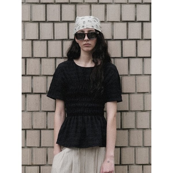 Smocked Checkered Blouse, Black