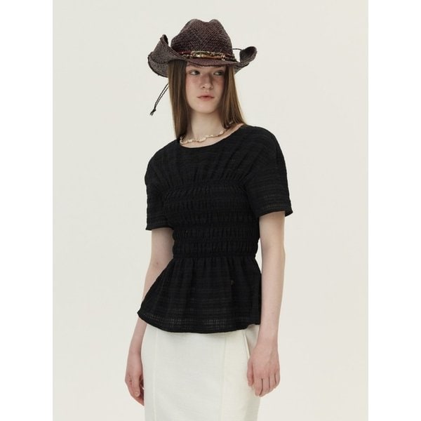 Smocked Checkered Blouse, Black