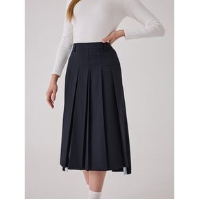 LINE COLORED PLEATS LONG SKIRT - NAVY