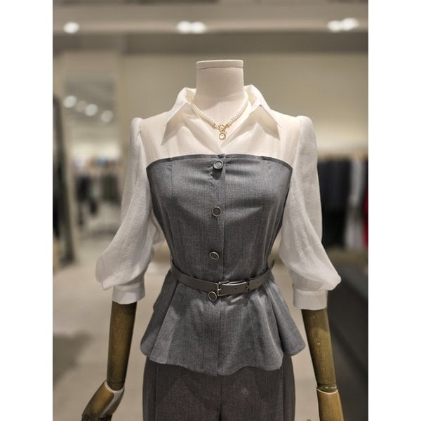 [파주점] 오픈 칼라 벨티드 배색 블라우스 JS5B0BL743