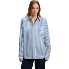 우먼 BOSS by 코튼 블렌드 스트라이프드 Blouse - 오픈 블루 23172371 1393289