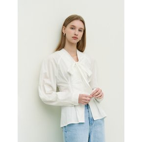 Ribbon tie pintuck puff blouse - white