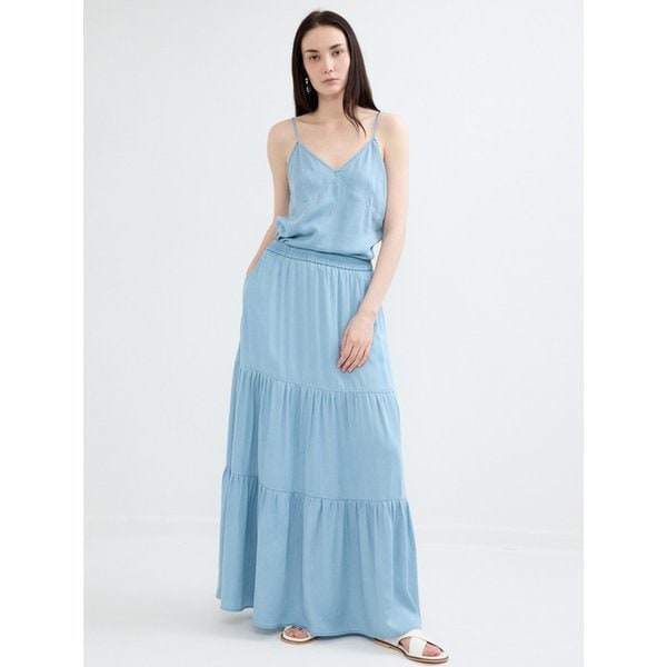 TENCEL DENIM TIERED SKIRT - LIGHT BLUE