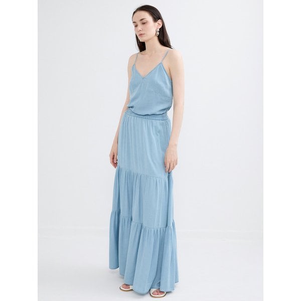 TENCEL DENIM TIERED SKIRT - LIGHT BLUE