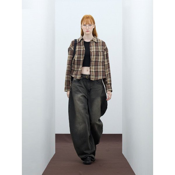 85-VIVA092 포스트 크롭 긴팔 체크 셔츠 브라운