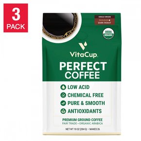 [해외직구] 비타컵  저산성  퍼펙트  그라운드  커피  USDA  오가닉  다크  로스트  3팩  각  10oz