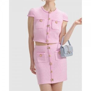 이스퀘어 4820148 Self Portrait Jewel Button Knit Mini Skirt - Pink