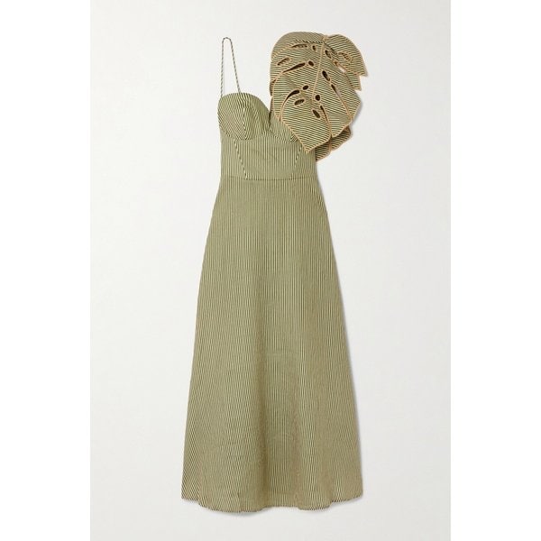 팜리오 몬스테라 리프 아플리케 스트라이프 리넨 미디 원피스 46376663162974355