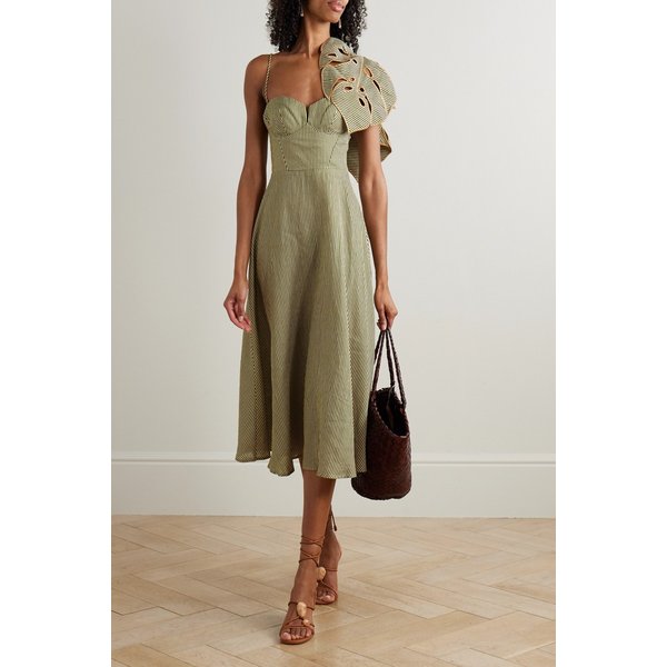 팜리오 몬스테라 리프 아플리케 스트라이프 리넨 미디 원피스 46376663162974355