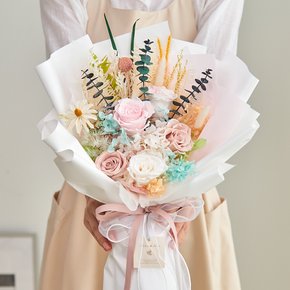 프리저브드 플라워 시들지 않는 큰 생화 꽃다발 기념일 축하꽃다발 졸업식꽃다발 + 쇼핑백 - 4종