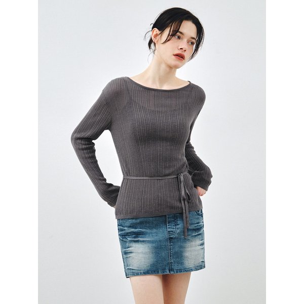 시스루 레이스업 니트 블라우스 차콜 MDBL009CHARCOAL