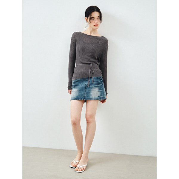시스루 레이스업 니트 블라우스 차콜 MDBL009CHARCOAL