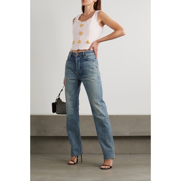 Button-embellished Bouclé-tweed Top 베이비 핑크