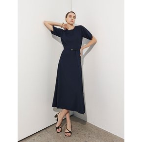 Half Sleeve Round Neck Belted Knit Dress Navy