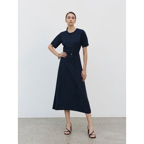 Half Sleeve Round Neck Belted Knit Dress Navy