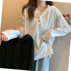 데일리룩 후드 티셔츠 여성 골지 긴팔 상의 2컬러 버튼 캐주얼