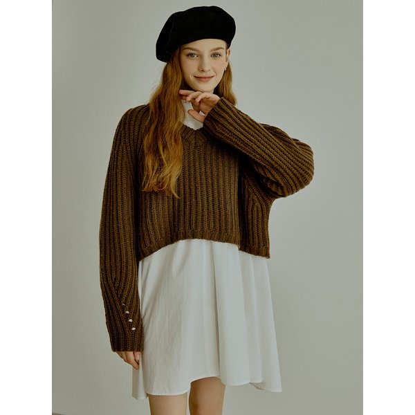 [리퍼브]Woven v-neck knit (brown)