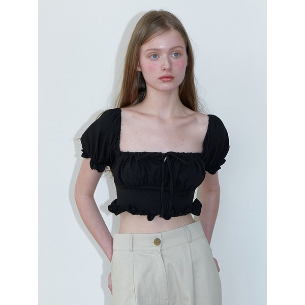 crop smock shirring blouse - black