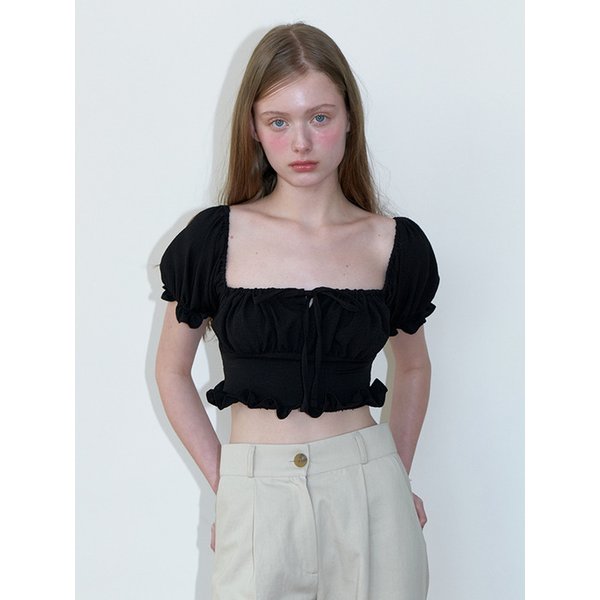 crop smock shirring blouse - black